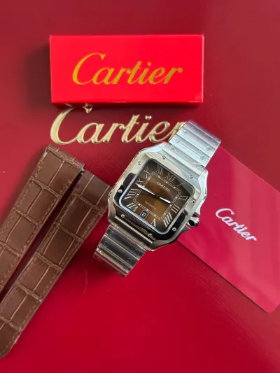 Cartier Mens Santos Stainless Steel 47mm Brown Dial Watch