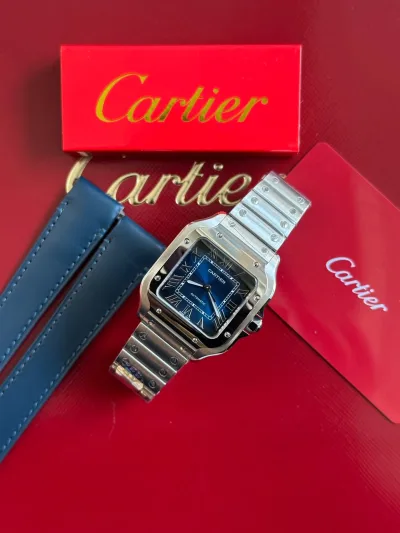 Cartier Santos Blue Dial Steel Mens Watch WSSA0030