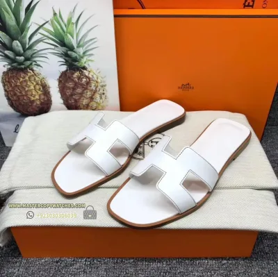 Hermes Ladies Sandles Flat Oran White
