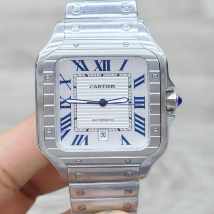 Cartier Santos Silver Case With Blue Bezel Watch