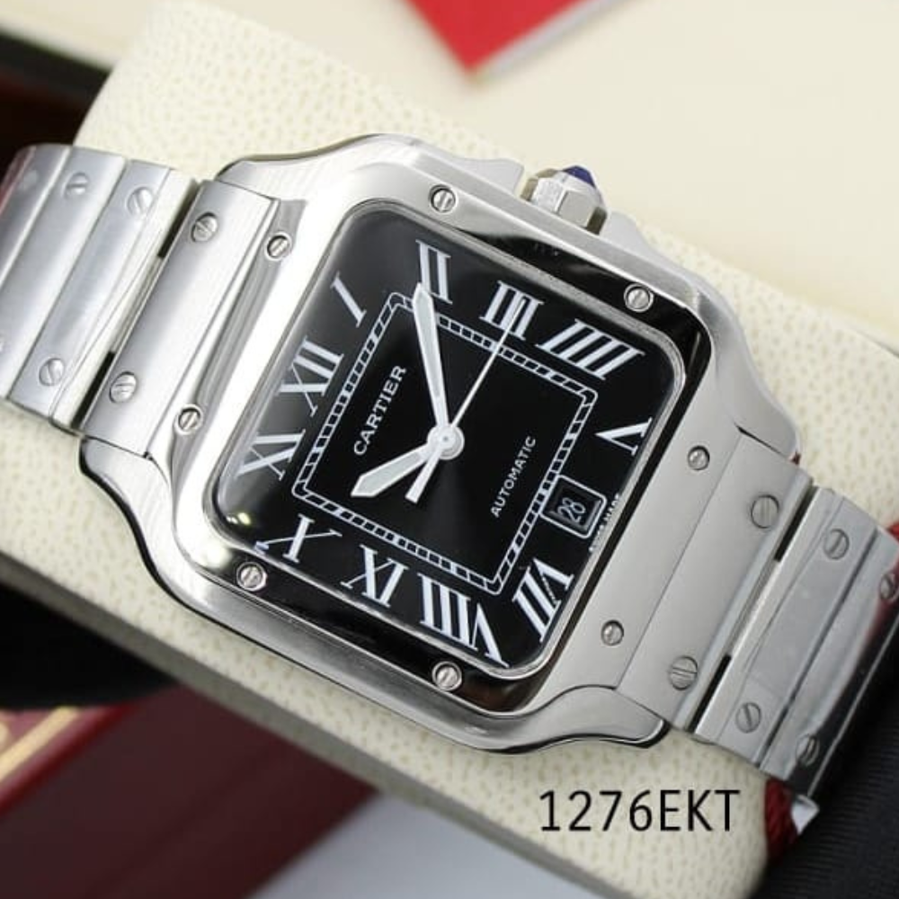 Cartier Mens Santos Stainless Steel 47mm Black Roman Dial Watch